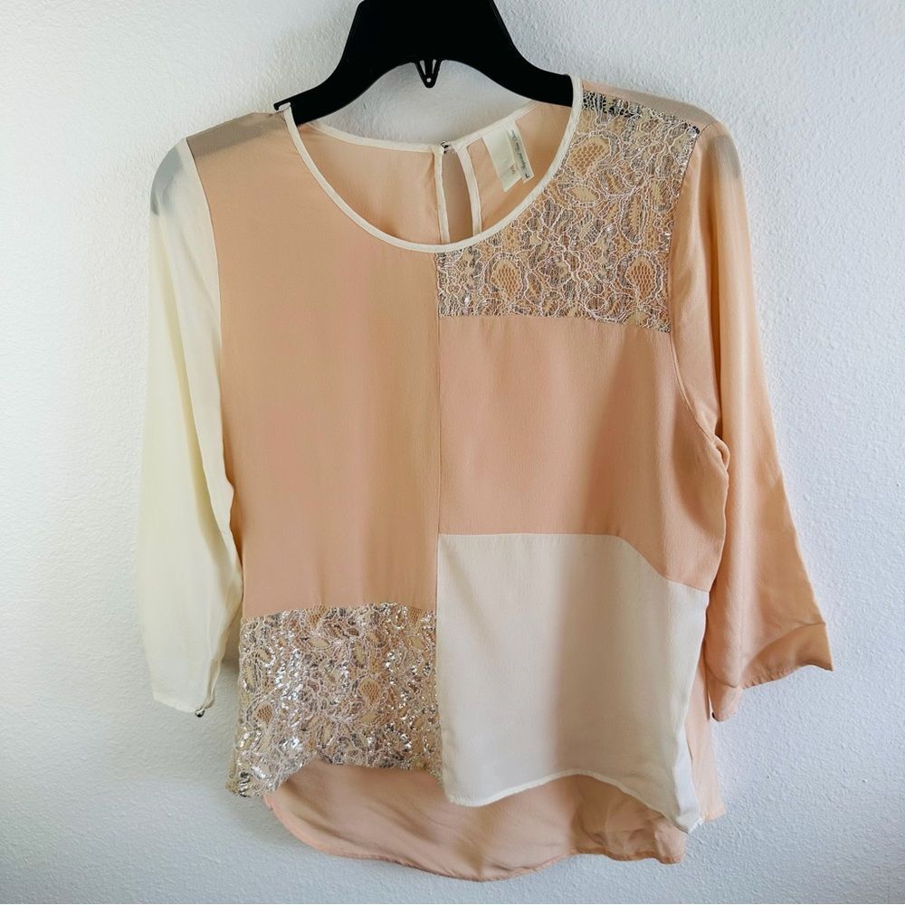 Linea Dot‎ Color Block Peach Ivory Silver Lace Silk Top Size L